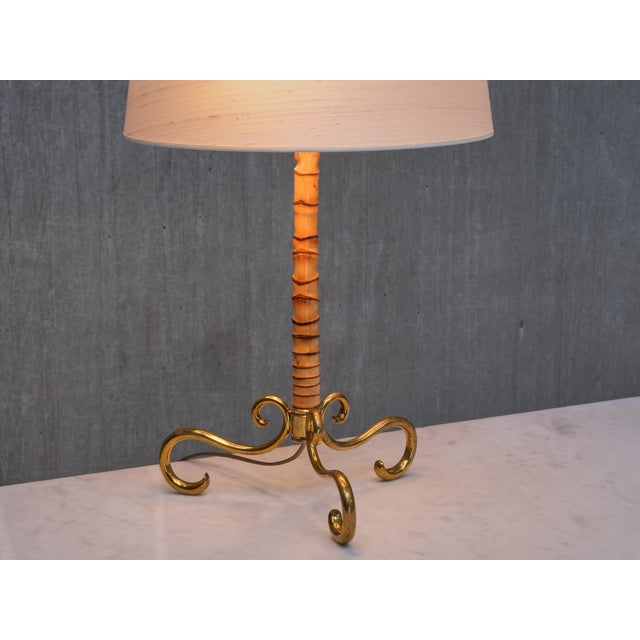 Brass and Bamboo Table Lamp with Silk Shade attributed to J. T. Kalmar, Austria, 1950s For Sale - Image 9 of 10