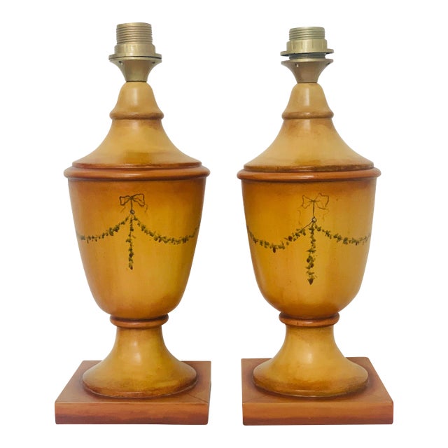 Vintage Italian Hand Decorated Wooden Table Lamps - A Pair For Sale