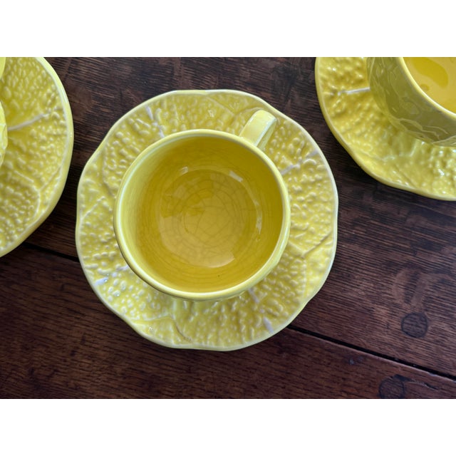 Mid-Century Modern Vintage Secla Cabbage Ware Citron Yellow Majolica Cup and Saucer For Sale - Image 3 of 12
