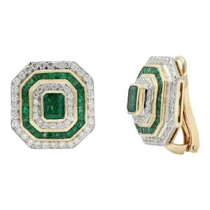 18k Gold 2.87 Ct Emerald and Diamond Cluster Clip on Stud Earrings for Wedding - 2 Pieces