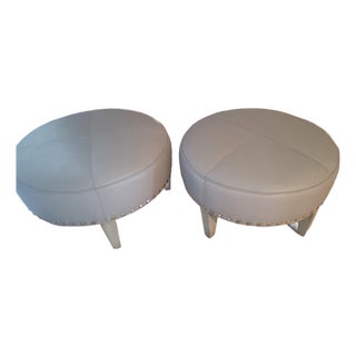 Pair of Custom Round Dove Grey Leather Ottomans For Sale