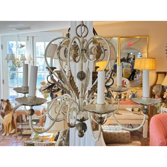 1950s Shabby Chic White and Gold Washed Chandelier For Sale - Image 4 of 12
