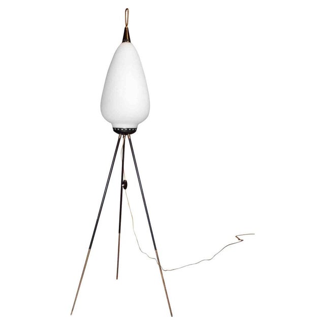 1950s Vintage Tripod Floor Lamp in Opaline Glass and Metal from Stilnovo, Italy, 1950s For Sale - Image 5 of 5