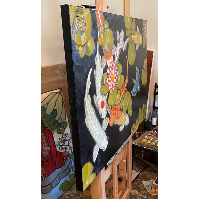 Koi Pond Kingfisher Original Oil Painting Stephen McDonough For Sale - Image 4 of 4