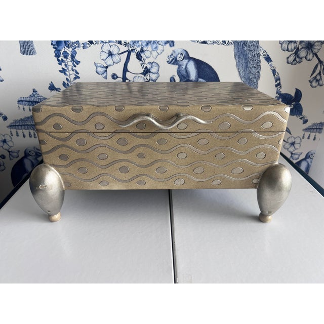 Art Deco Silver & Taupe Wave Box With Patterned Design & Ball Feet Contemporary Accessories Box For Sale - Image 9 of 10