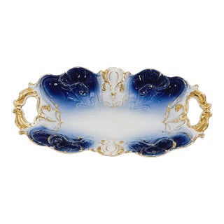 Antique Flow Blue Porcelain Handled Relish Dish With Gold Gilt For Sale