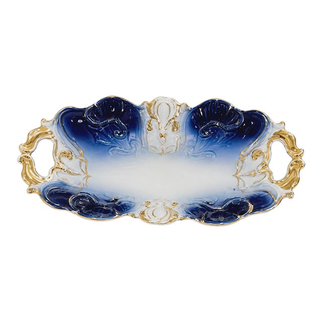 Antique Flow Blue Porcelain Handled Relish Dish With Gold Gilt For Sale