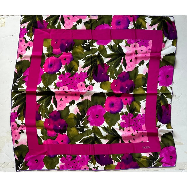 Frame and hang this vintage 1990s Bill Blass silk scarf as decor. The dramatic silk textile has a vibrant floral design in...