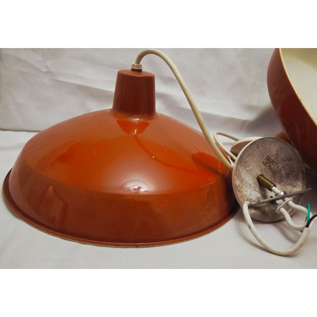 1980s Industrial Dome Orange Pendant Light Fixtures - A Pair For Sale - Image 4 of 16