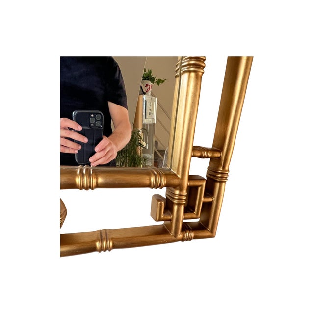 Ornamental & Decorative Materials Hollywood Regency Gold Chippendale Style Faux Bamboo Greek Key Pagoda Wall Mirror Palm Beach For Sale - Image 7 of 8