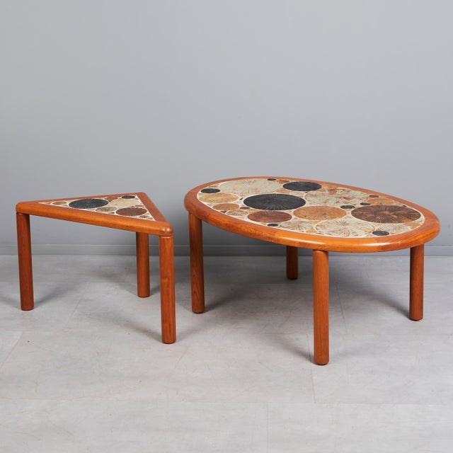 Wood Oval Ceramic and Teak Coffee Table by Tue Poulsen for Haslev Mobelsnedkeri, Denmark, 1960 For Sale - Image 7 of 8