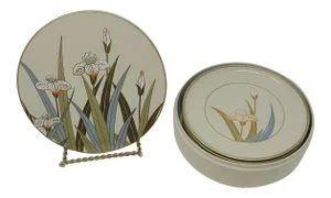 Vintage Otagiri Japanese Lacquerware Hand Painted Container With 6 Coasters Features Iris