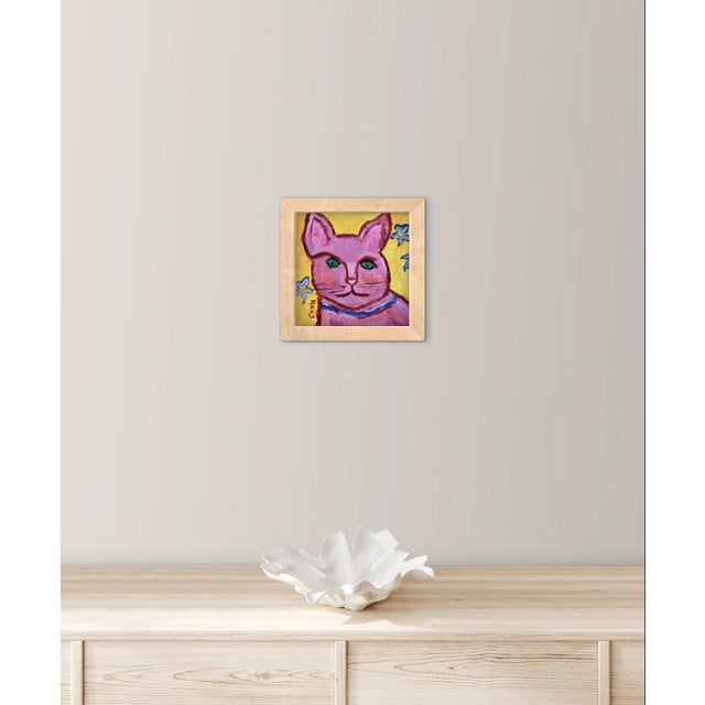 Modern Narratives Collection — “Pink Cat With Green Eyes” (6″×6″, Original Oil on Wood) For Sale - Image 9 of 18