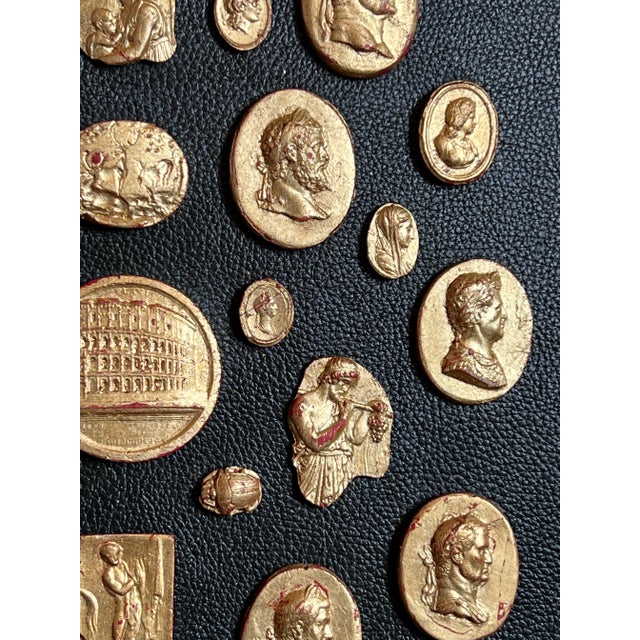 #157 Grand Tour Revival Gilded Intaglio Arrangement on the Leather Board and in Gilt Frame For Sale In Palm Springs - Image 6 of 12