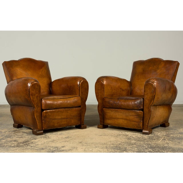 Brown 1920s French Art Deco Scalloped Back Cognac Leather Club Chairs – A Pair For Sale - Image 8 of 18