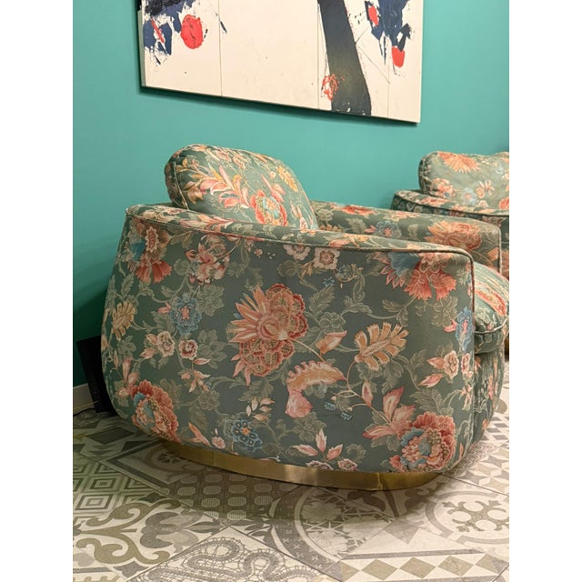 1940s Art Deco Chairs in Floral Silk Fabric with Brass Base, 1940, Set of 2 For Sale - Image 5 of 17