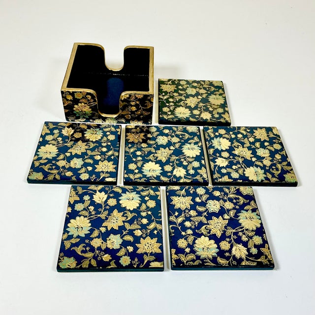 1980s Vintage Chinoiserie Boho Chic Hollywood Regency Coasters With Caddy - 7 Piece Set. For Sale - Image 10 of 10