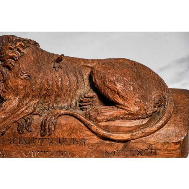 Wood 19th Century Bertel Thorvaldsen Lion of Lucerne Grand Tour Wood Sculpture Statue Hand Carved Swiss European Art Switzerland Home Decor For Sale - Image 7 of 17