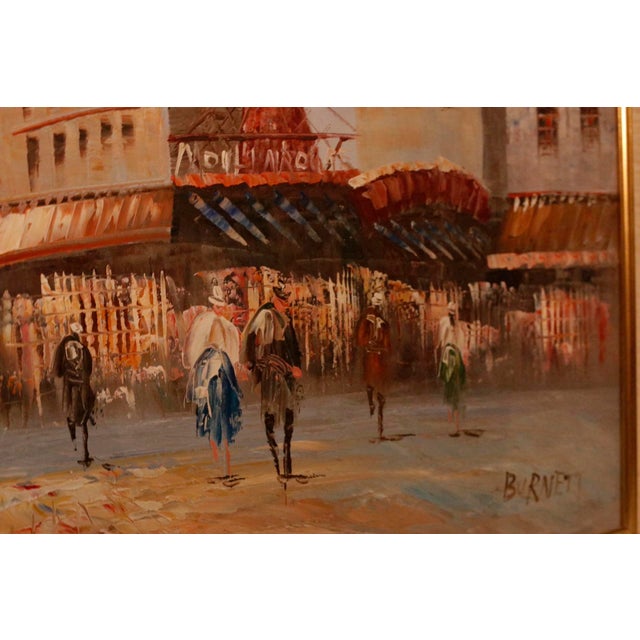 Authentic 1950s Caroline Burnett Framed Oil on Canvas Impressionistic Painting of Parisian Street and Moulin Rouge For Sale - Image 11 of 15