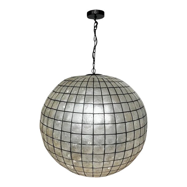 Large Vintage Capiz Shell Round Glove Ceiling Chandelier Light Fixture For Sale