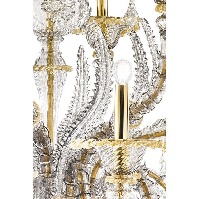 Huge Transparent and Gold Ca’ Rezzonico With Leaves Murano Glass Chandelier For Sale - Image 6 of 7