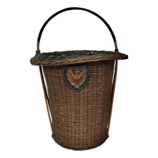 Vintage Tall Wicker Basket, Carved Shell Embellishment, Kindling, Planter, Etc. For Sale