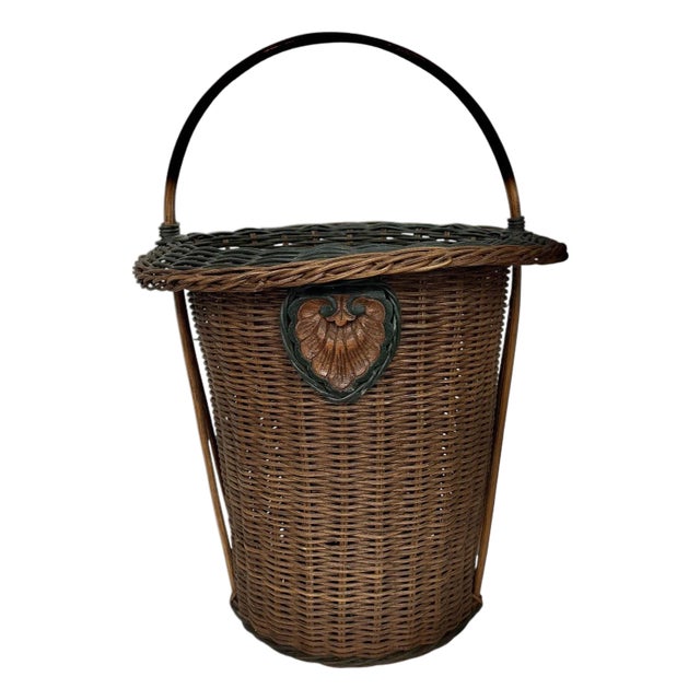 Vintage Tall Wicker Basket, Carved Shell Embellishment, Kindling, Planter, Etc. For Sale