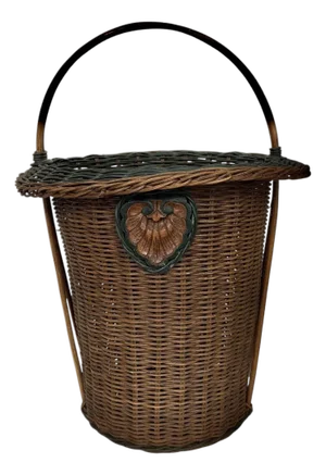 Vintage Tall Wicker Basket, Carved Shell Embellishment, Kindling, Planter, Etc.