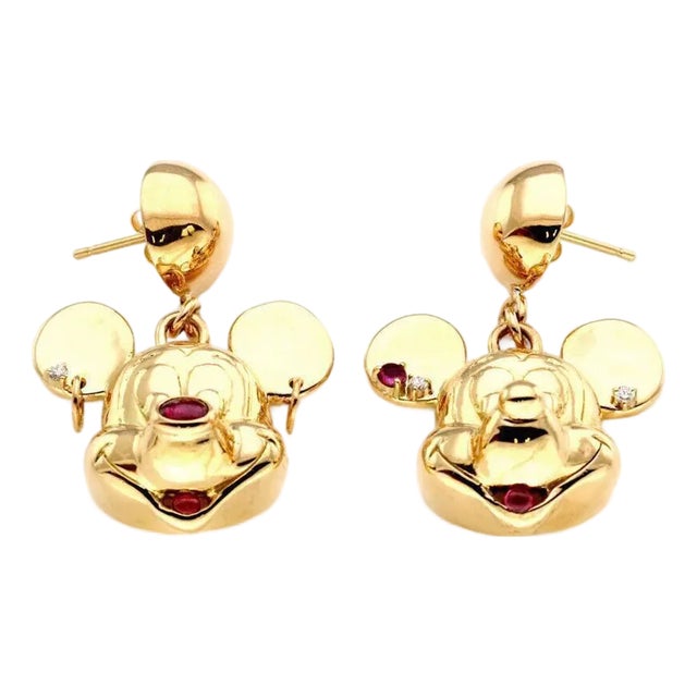 Mickey Mouse Diamond Rubies 18k Yellow Gold Drop Dangle Earrings For Sale