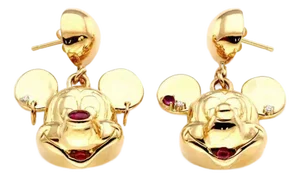 Mickey Mouse Diamond Rubies 18k Yellow Gold Drop Dangle Earrings