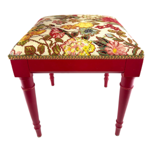 Vintage Needlepoint Floral Stool With Turned Legs in Berry Red