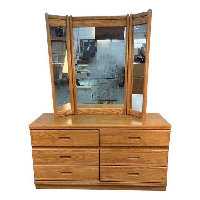 Vintage Modern Solid Oak Six-Drawer Dresser W/ Tri-Fold Mirror For Sale