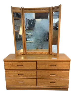 Vintage Modern Solid Oak Six-Drawer Dresser W/ Tri-Fold Mirror