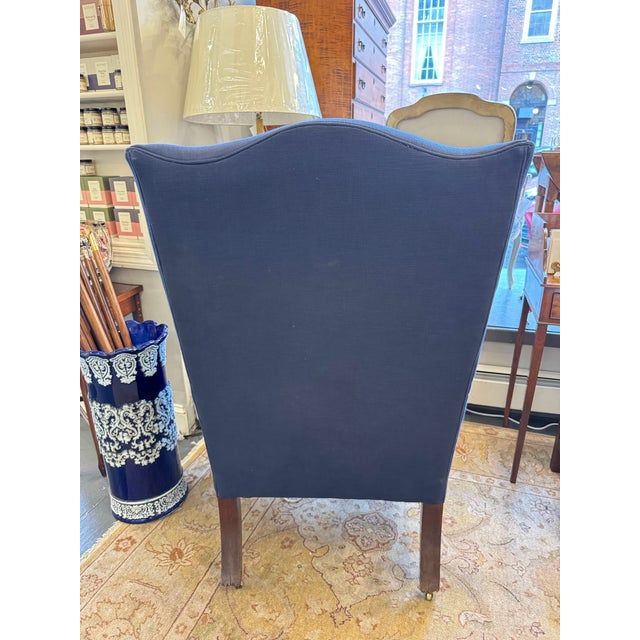 1800s Antique Wingback Blue Linen Chair For Sale In Boston - Image 6 of 6
