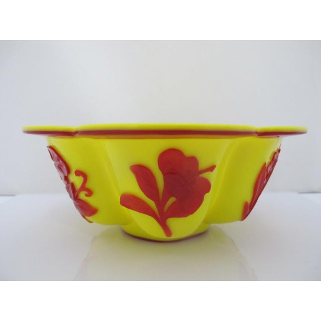 Glass Chinese Imperial Yellow Peking Glass Lobed Bowl Pair With Red Floral Overlay For Sale - Image 7 of 12