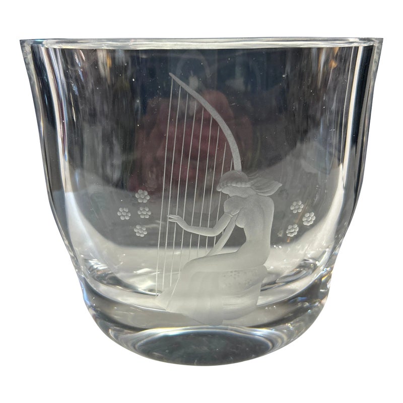 Orrefors Crystal Vase With Etched Harpist Signed