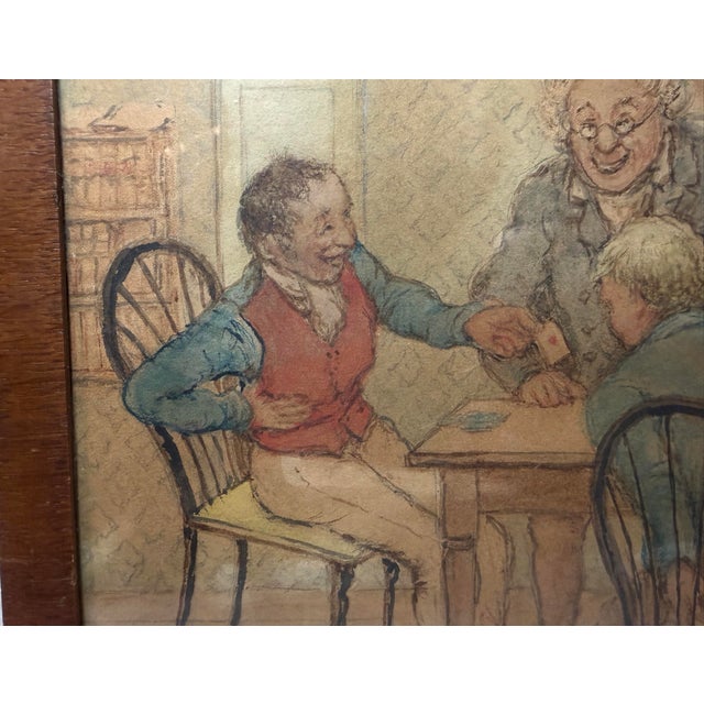 19th Century Antique 19th Century Original Men Playing Cards at Table Watercolor Painting For Sale - Image 5 of 12