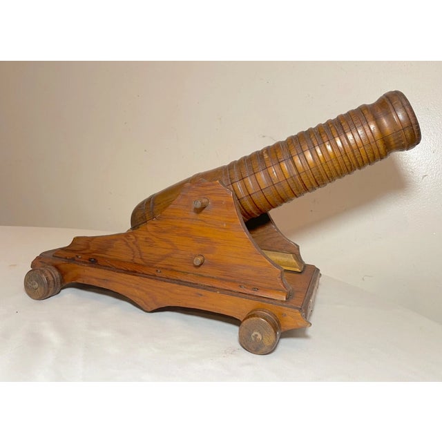 Brown Arge Antique Hand Made Carved Folk Art Wood Military Cannon Model Sculpture For Sale - Image 8 of 13