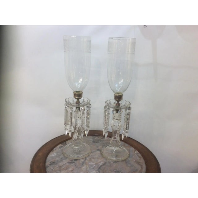 Glass 19th C Crystal Candlesticks With Etched Glass Hurricanes For Sale - Image 7 of 7