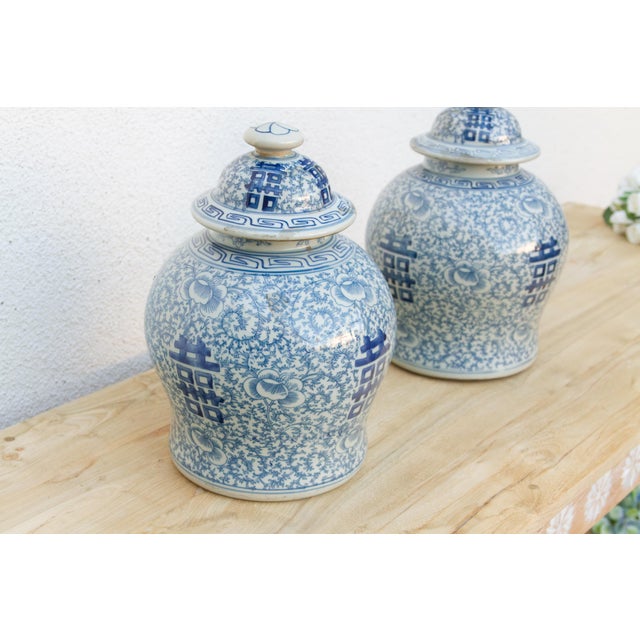 Chinese Pair of Blue & White Double Happiness Jars For Sale - Image 3 of 14