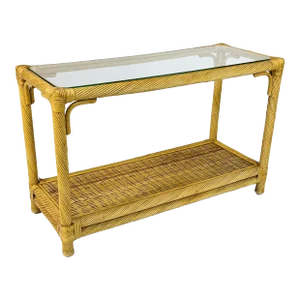 1960s Vintage Twisted Rattan Console Table With Glass Top