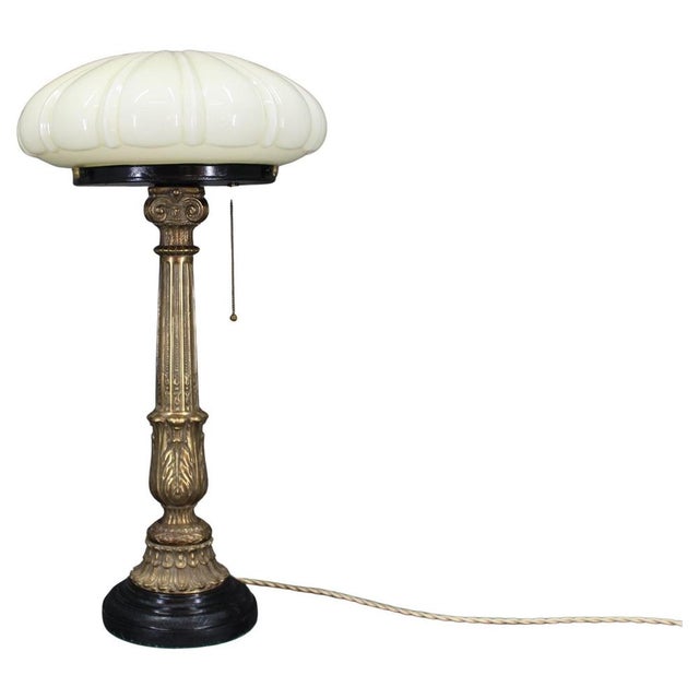 Brass Table Lamp with Wooden Base and Glass Shade, 1940s For Sale - Image 15 of 15