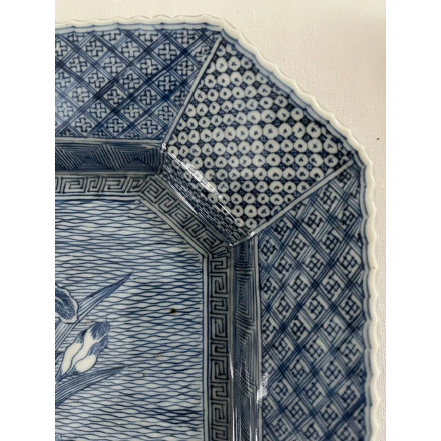 Antique Japanese Blue and White Octagonal Plate With Iris Motif For Sale - Image 4 of 14
