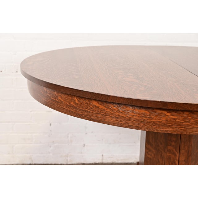 Stickley Brothers Style Antique Mission Oak Arts & Crafts Pedestal Extension Dining Table, Newly Refinished For Sale In South Bend - Image 6 of 13