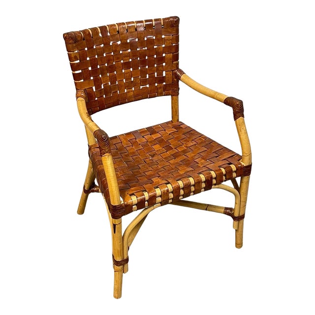 1960s French Modern Bamboo & Woven Saddle Leather Armchair, Circa 1960s For Sale