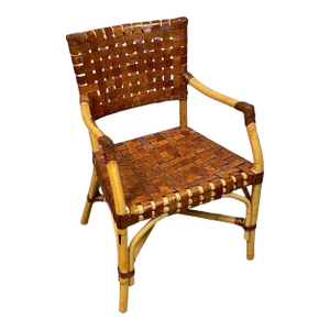 1960s French Modern Bamboo & Woven Saddle Leather Armchair, Circa 1960s