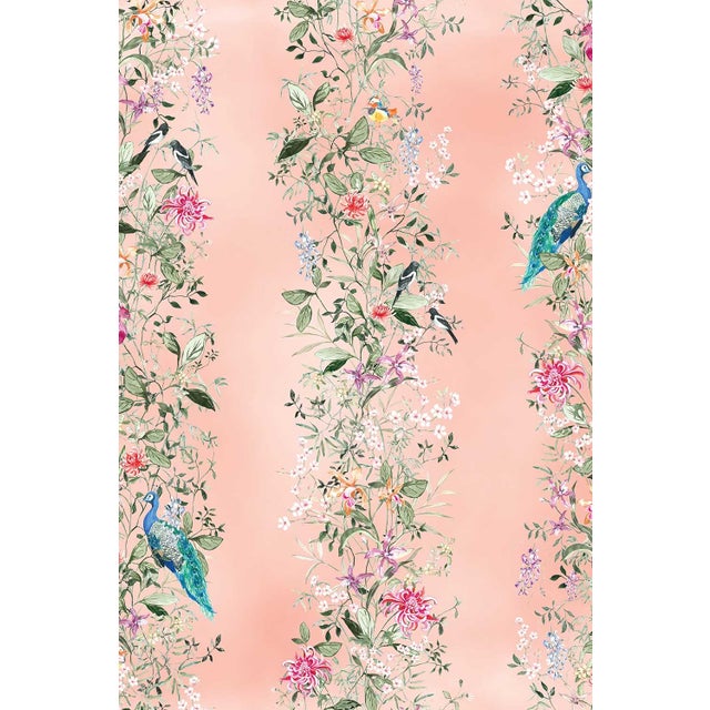 Mahjong Floral Stripe Grasscloth Wallpaper by House Party | Coral Crack | 6 Yards For Sale - Image 4 of 7