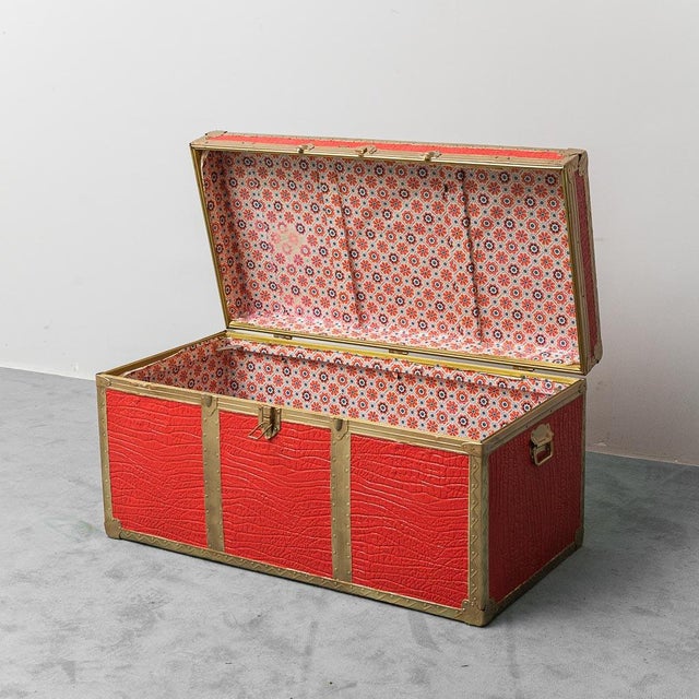 Gold Gold-Plated Metal and Red Leather Trunk, 1950s For Sale - Image 8 of 12
