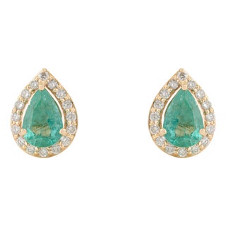 Handcrafted 1.37ct Pear Emerald & Diamond Halo Stud Earrings in 18k Yellow Gold- A Pair For Sale