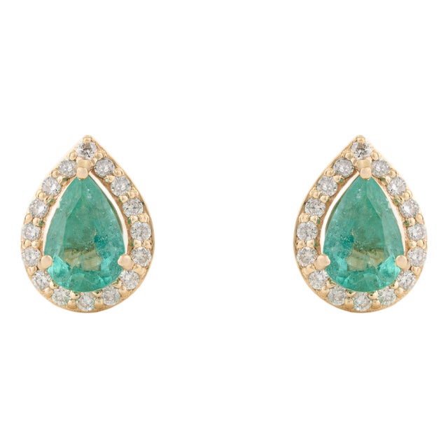 Handcrafted 1.37ct Pear Emerald & Diamond Halo Stud Earrings in 18k Yellow Gold- A Pair For Sale